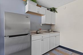 Mesa apartment for rent - A kitchen with a stainless steel refrigerator and white cabinets.