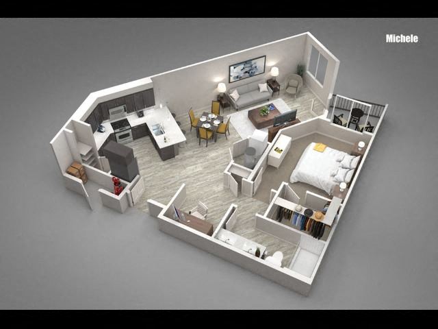 Floor plan for 1 bed, 1 bath, 977 sqft