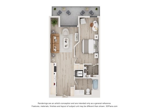 Floor plan for 1 bed, 1 bath, 678 sqft