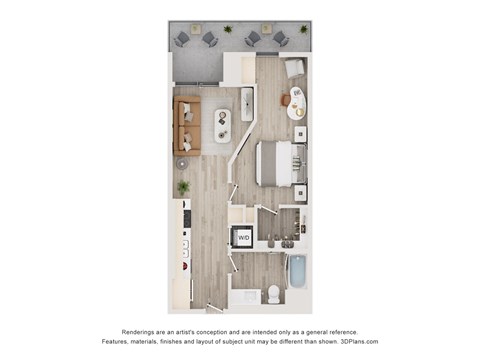 Floor plan for 1 bed, 1 bath, 591 sqft
