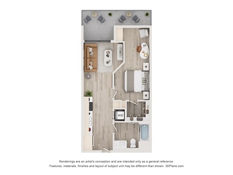 Floor plan for 1 bed, 1 bath, 583 sqft