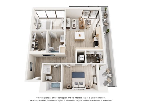 Floor plan for 2 beds, 2 baths, 967 sqft