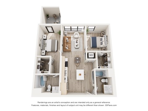 Floor plan for 2 beds, 2 baths, 931 sqft