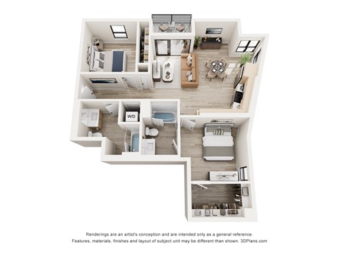 Floor plan for 2 beds, 2 baths, 933 sqft