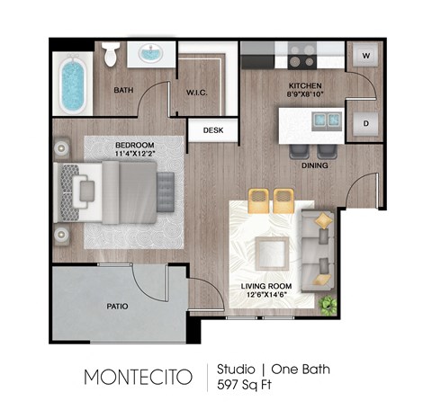 Floor plan for studio, 1 bath, 597 sqft