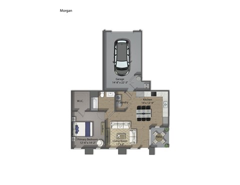 Floor plan for 1 bed, 1 bath, 764 sqft