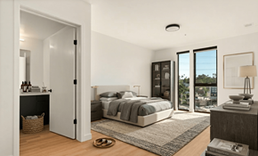 Los Angeles apartment for rent - A modern bedroom with a large bed and a view of the city.