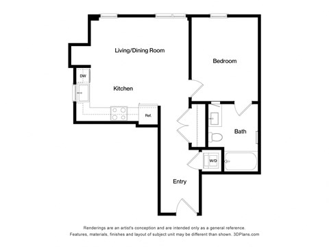 Floor plan for 1 bed, 1 bath, 627 sqft