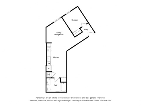 Floor plan for 1 bed, 1 bath, 729 sqft
