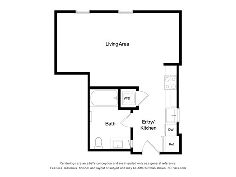 Floor plan for studio, 1 bath, 494 sqft