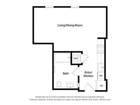 Floor plan for 1 bed, 1 bath, 494 sqft