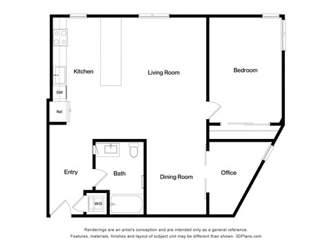 Floor plan for 1 bed, 1 bath, 1005 sqft