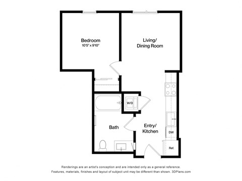 Floor plan for 1 bed, 1 bath, 511 sqft