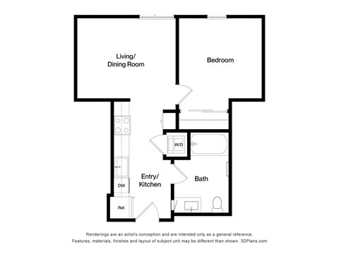 Floor plan for 1 bed, 1 bath, 617 sqft