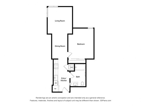 Floor plan for 1 bed, 1 bath, 691 sqft