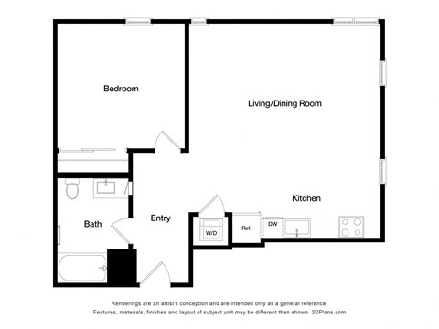 Floor plan for 1 bed, 1 bath, 823 sqft