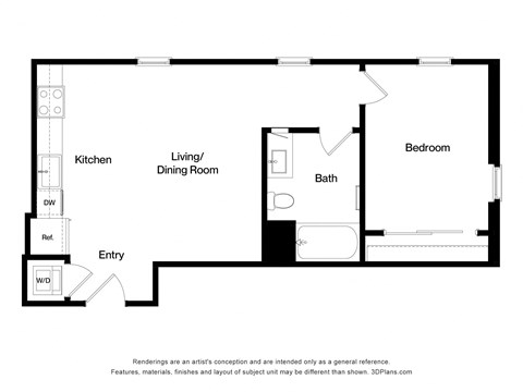 Floor plan for 1 bed, 1 bath, 657 sqft