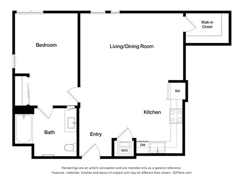 Floor plan for 1 bed, 1 bath, 799 sqft