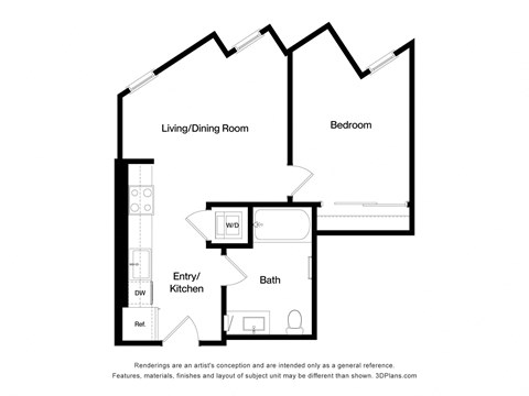 Floor plan for 1 bed, 1 bath, 590 sqft
