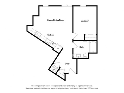 Floor plan for 1 bed, 1 bath, 693 sqft