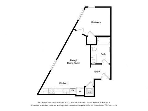 Floor plan for 1 bed, 1 bath, 617 sqft