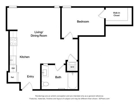Floor plan for 1 bed, 1 bath, 677 sqft