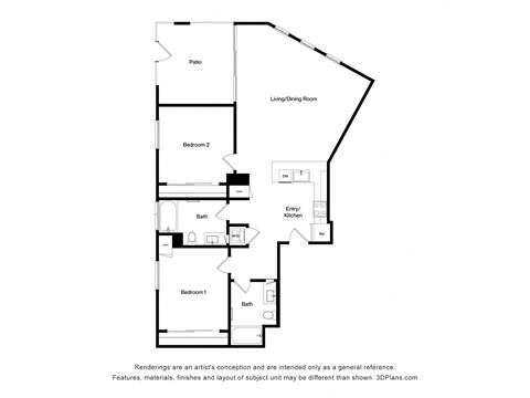 Floor plan for 2 beds, 2 baths, 1398 sqft