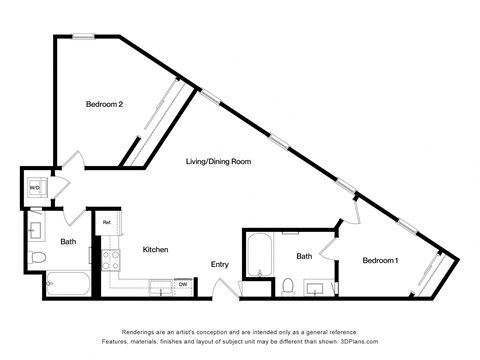 Floor plan for 2 beds, 2 baths, 995 sqft