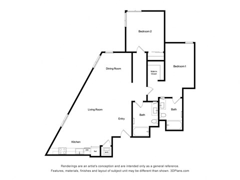 Floor plan for 2 beds, 2 baths, 1307 sqft