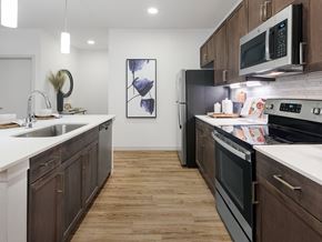 Cibolo apartment for rent - A modern kitchen with dark wood cabinets and stainless steel appliances.