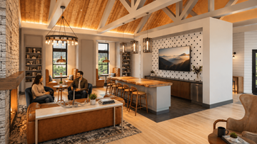 Asheville apartment for rent - A modern living room with a wooden ceiling and a large painting on the wall.