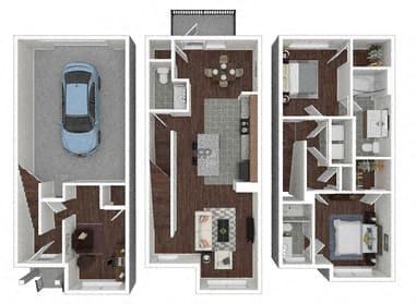 Floor plan for 2 beds, 2.5 baths, 1334 sqft