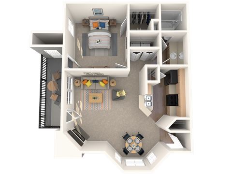 Floor plan for 1 bed, 1 bath, 736 sqft