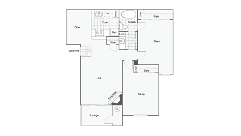 Floor plan for 2 beds, 1 bath, 815 sqft