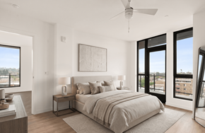 Los Angeles apartment for rent - A bedroom with a large bed and a ceiling fan.