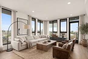 Los Angeles apartment for rent - A modern living room with a large window and a view of the city.