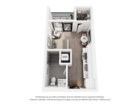 Floor plan for studio, 1 bath, 384 sqft