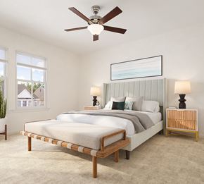 Goose Creek townhouse for rent - a bedroom with a bed and a ceiling fan