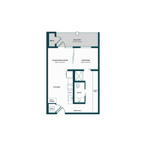 Floor plan for studio, 1 bath, 625 sqft
