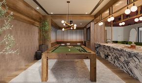 Los Angeles apartment for rent - A pool table in a room with wooden walls and ceiling.