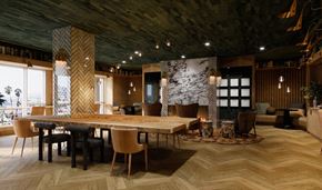 Los Angeles apartment for rent - A modern dining room with a large table and chairs.