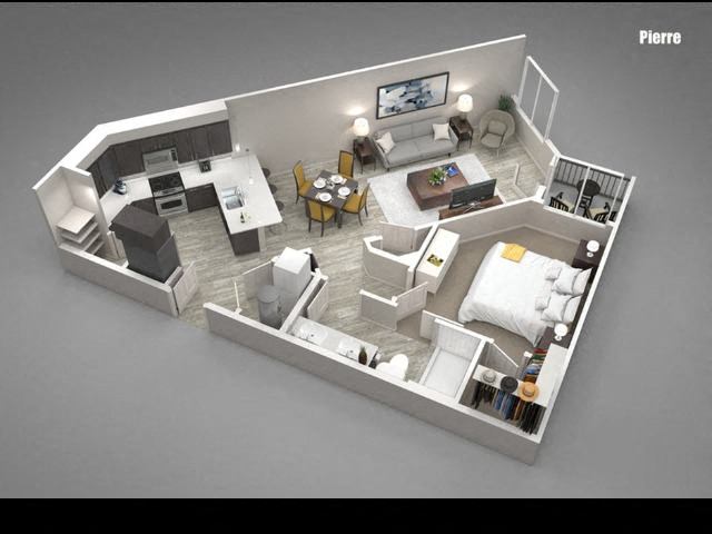 Floor plan for 1 bed, 1 bath, 803 sqft