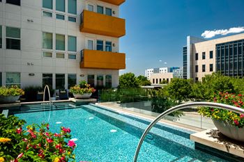 Double infinity-edge pool overlooking magnolia with views of downtown fort worth