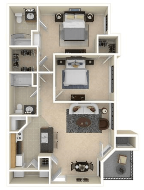 Floor plan for 2 beds, 2 baths, 992 sqft