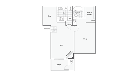 Floor plan for 1 bed, 1 bath, 675 sqft