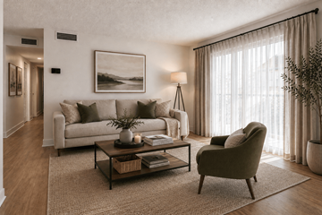 Brandon apartment for rent - A living room with a couch, chair, and a painting on the wall.