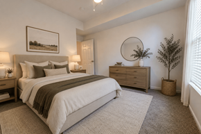 Cincinnati apartment for rent - A bedroom with a large bed, a side table with a lamp, and a framed picture on the wall.