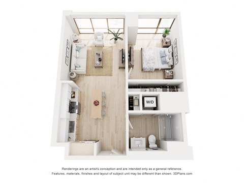 Floor plan for 1 bed, 1 bath, 664 sqft