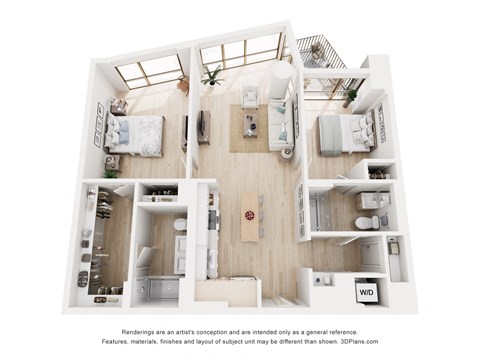 Floor plan for 2 beds, 2 baths, 1107 sqft