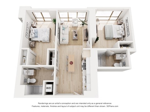 Floor plan for 2 beds, 2 baths, 933 sqft